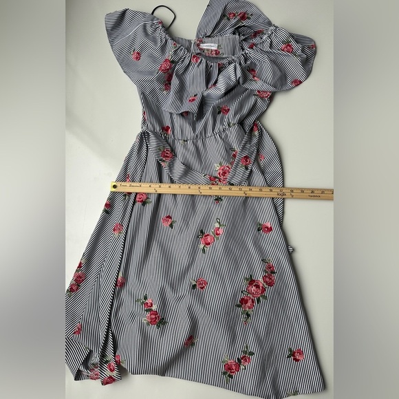 NWT Calvin Klein Striped Floral Embroidery Tie Waist Knee Length Dress Size 6 - Picture 6 of 11